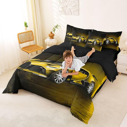 Feelyou Sports Car 7 Piece Bedding Set Yellow Race Car Comforter Set with Sheets for Kids Boys Girls Extreme Sports Bed in a Bag Cool Speed Luxury Car Decor Quilt with 2 Pillowcases King