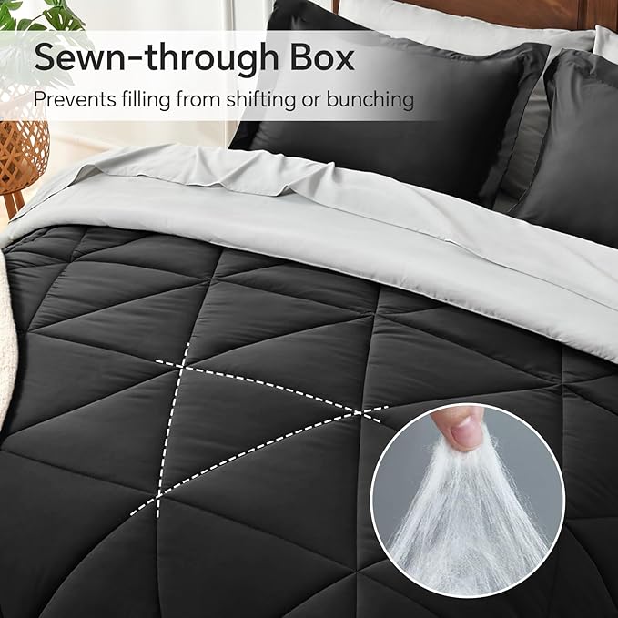 BEDELITE King Size Comforter Set 7 Pieces Bed in A Bag - Soft Microfiber Reversible Black Bed Set with Comforters, Sheets, Pillowcases & Shams, Cozy Luxury Bedding Sets for All Season