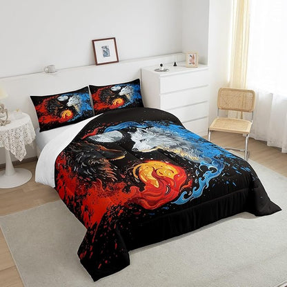 Yin Yang Bedding Comforter Sets Queen,Wolf Fighting White Black Bedding Set for Bedroom Decoration,Gothic Starry Galaxy Moon with 1 Comforter and 2 Pillow Cases Bedroom Decor