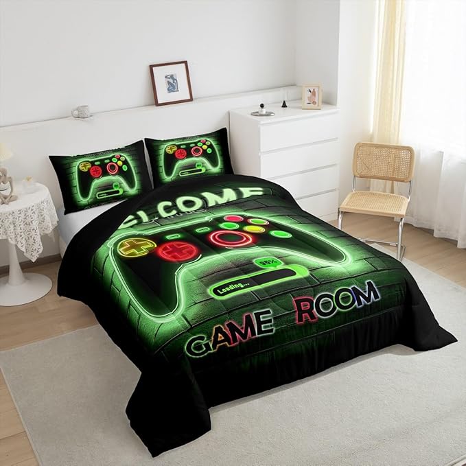 jejeloiu Green Gamer Gaming Bedding Set Toddle Size for Boys Game Console Comforter Set Kids Teens Neon Light Duvet Set Cool Game Room Decor Quilt Set 2Pcs