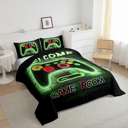 jejeloiu Green Gamer Gaming Bedding Set Twin Size for Boys Game Console Comforter Set Kids Teens Neon Light Duvet Set Cool Game Room Decor Quilt Set 2Pcs