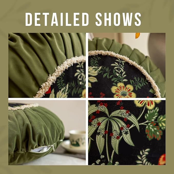 vctops Round Throw Pillow with Zipper Vintage Spring Floral Pillow Cushion Soft Velvet Pleated Throw Pillows for Couch Chair Bed Car (Green,18")