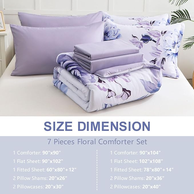Drucon Purple Floral Comforter Set King, 7 Pieces Bed in a Bag Botanical Floral Comforter Soft Microfiber Purple Bedding Set King Size Bed with Sheet and Pillowcase