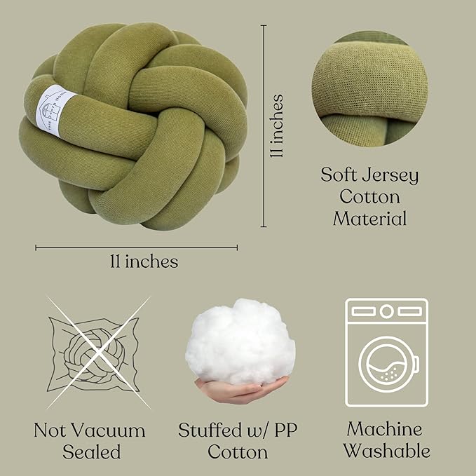 Large Knot Pillow Cotton Knot Pillow Ball |11in. Ball Pillow in 3 Classy Colors| Modern Home Decorative Knot Throw Pillow Knot Pillows|Knotted Pillow|Knot Ball Pillow (Olive Green)