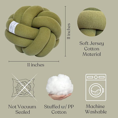 Large Knot Pillow Cotton Knot Pillow Ball |11in. Ball Pillow in 3 Classy Colors| Modern Home Decorative Knot Throw Pillow Knot Pillows|Knotted Pillow|Knot Ball Pillow (Olive Green)