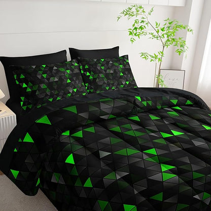 Geometric Green Black Triangle Queen Size Comforter Set,Light Honeycomb Bedding Set 7 Piece in A Bag,Bed Sheet Set Geometry Decor,Microfiber Lightweight All Season