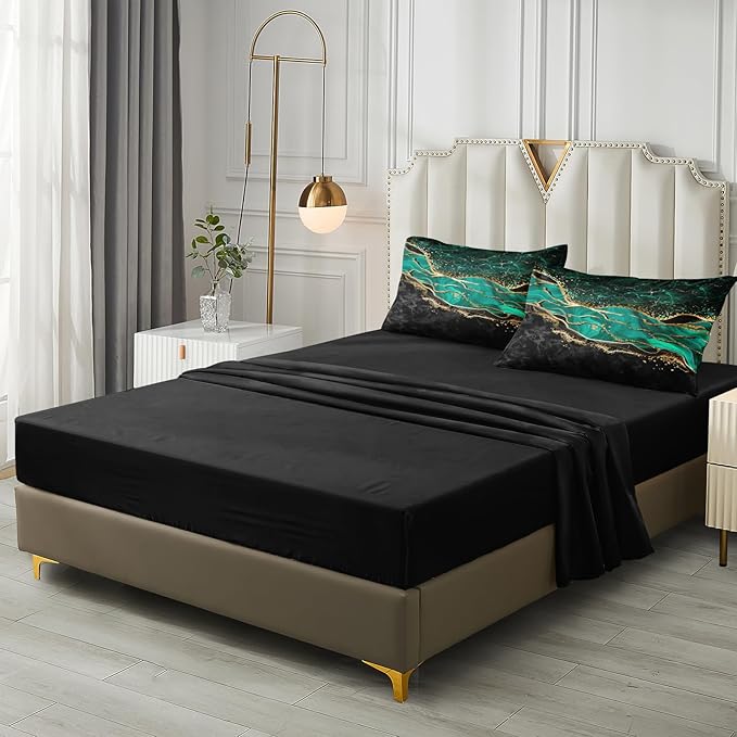 Emerald Green Comforter Set - Twin Size Bed in a Bag - 6 Pieces - Black and Gold Marble Bedding Comforter with Gold Metallic Glitter Marble River Texture