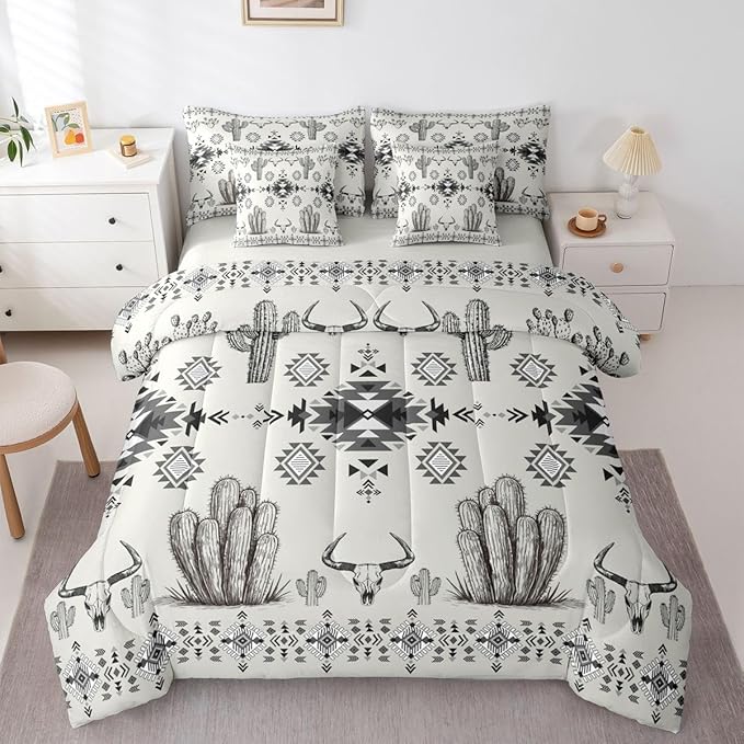 Erosebridal Grey Southwestern Bed in A Bag 7 Pcs Western Aztec Comforter Set for Kids Teens Country Geometric Vintage Bedding Sets Queen Rustic Cactus Bull Skull Boho Tribal Sheet Set with Comforter