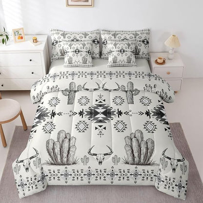 Erosebridal Grey Southwestern Bed in A Bag 7 Pcs Western Aztec Comforter Set for Kids Teens Country Geometric Vintage Bedding Sets Queen Rustic Cactus Bull Skull Boho Tribal Sheet Set with Comforter