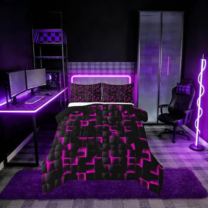 Erosebridal Neon Black Purple Comforter Set Twin Violet Geometric Checkered Bedding Set for Kids Teen Adults Gaming Room Decor,Abstract Ombre Plaid Comforter Grids Quilt Duvet