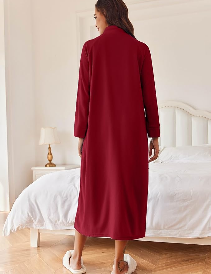 Ekouaer Women Zipper Robe Long Sleeves House Coat Soft Bathrobe Sleepwear with Pockets Housecoat Loungewear