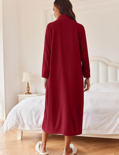 Ekouaer Women Zipper Robe Long Sleeves House Coat Soft Bathrobe Sleepwear with Pockets Housecoat Loungewear