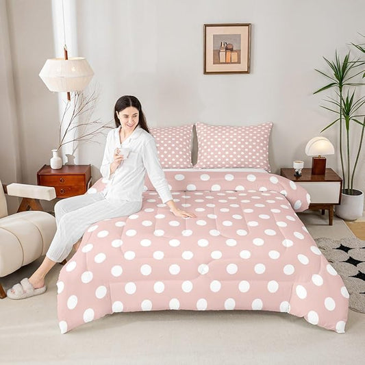 Manfei Polka Dots Comforter Set Queen Size 3 Pcs,Modern Geometric Circles Abstract Simple Art Bedding Set,Cartoon French Style Dots Pink White Quilt Set for Young Adults,2 Pillowcases