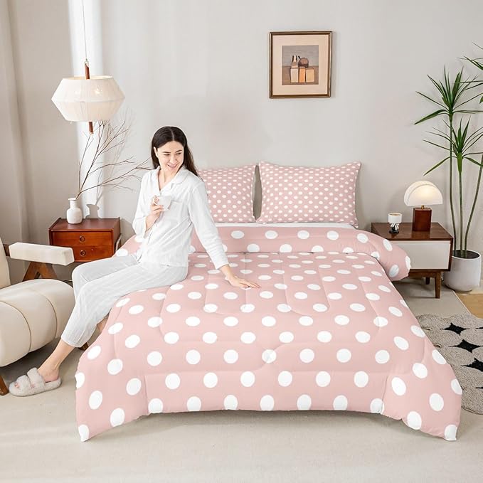 Manfei Polka Dots Comforter Set Twin Size 2 Pcs,Modern Geometric Circles Abstract Simple Art Bedding Set,Cartoon French Style Dots Pink White Quilt Set for Child Bedroom,1 Pillowcase