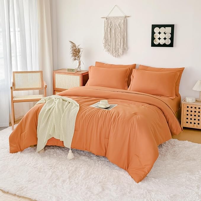 Cal King Comforter Duvet Cover Set Burnt Orange - 7-Piece Bed in a Bag, Double Brushed Micorfiber All-Season Soft Bedding with Sheets & Envelope Pillowcases(104"x90",Cal King)