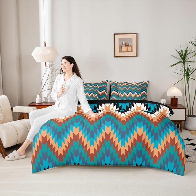 Erosebridal 7 Pcs Western Aztec King Comforter Set with Sheets Rustic Farmhouse Bed in A Bag Vintage Southwestern Tribal Bedding Sets for Teens Teenager Exotic Bohemian Geometric Bed Set