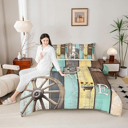 Rustic Farmhouse Cabin Bedding Set Retro Western Barn Wheel Windmill Comforter Set Twin,Farm Animal Sunflower Lodge Down Comforter,Pastoral Country Planks Quilt Duvet Insert Yellow Teal Brown 2 Pcs