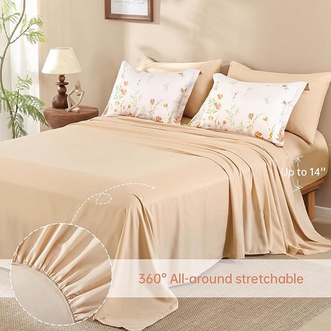 Yiran Coral Orange Watercolour Floral Comforter Set King Size, 7 Piece Cute Botanical Comforter Bedding Set, Bed in a Bag King, Soft Microfiber Complete Bedding Set with Sheets for All Season