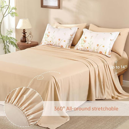 Yiran Coral Orange Watercolour Floral Comforter Set King Size, 7 Piece Cute Botanical Comforter Bedding Set, Bed in a Bag King, Soft Microfiber Complete Bedding Set with Sheets for All Season