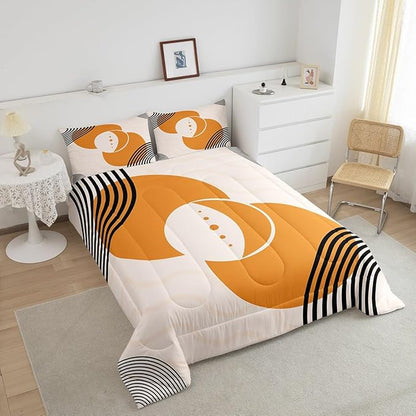 Erosebridal Orange Minimalist Comforter Set Queen Mid Century Bedding Set, Geometric Circle Bedding Comforter Sets Black Creamy White Aesthetic Duvet Sets, Modern Quilted Comforter Microfiber 3 Pieces