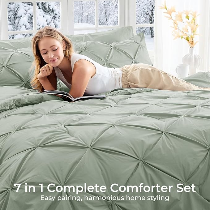 Sasttie Full Size Comforter Set, 7-Piece Bed in a Bag Double, Pintuck Bedding Set for All Season, Includes Comforter, Flat Sheet, Fitted Sheet, Pillowcases and Pillowshams, Sage Grey