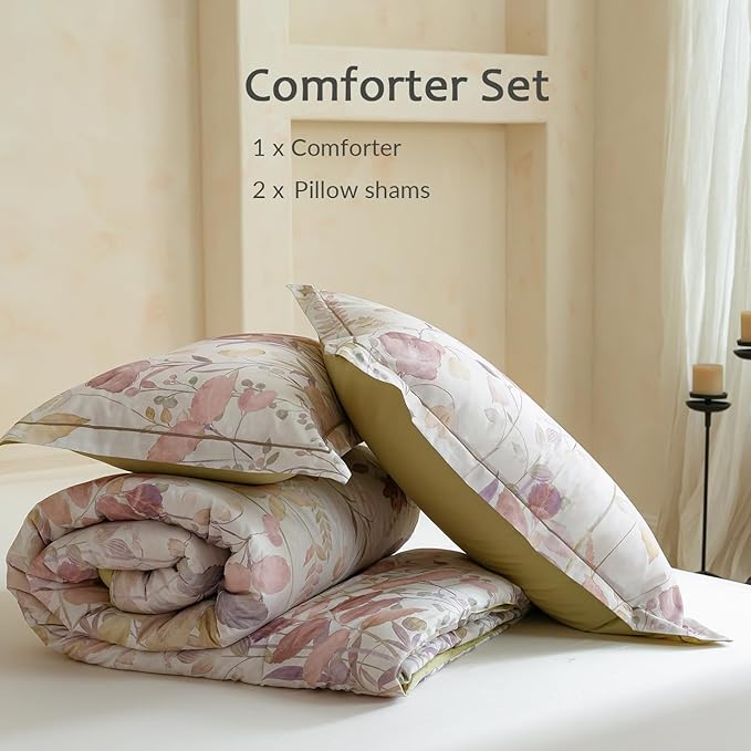 King Size Floral Comforter Set, 3Pcs Long Staple Cotton Duvet for All Seasons, Botanical Print Bedding Set with 1 Lightweight Comforter and 2 Pillow Shams