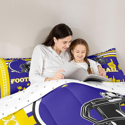 Feelyou Football Bedding Set Boys Girls Comforter Set Full Size Sports Themed Women Men Rugby Sport Duvet Quilt Football City Yellow Purple Room Decor