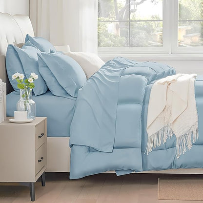 SunStyle Home Light Blue Full/Queen Comforter Set - 7 Pieces Bed in a Bag, Lightweight Goose Down Alternative Bedding Sets with All Season Comforter, 1 Flat Sheet, 1 Fitted Sheet, 4 Pillowcases