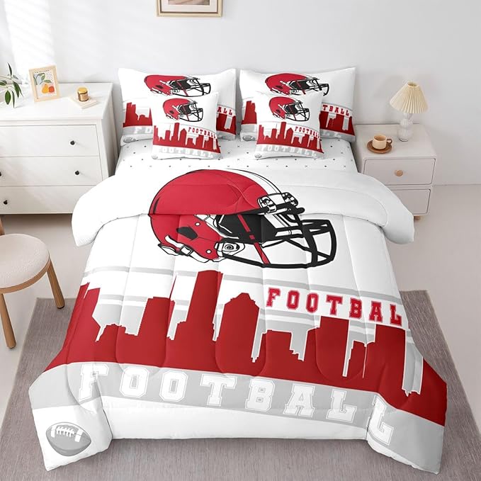 Erosebridal Football City 7 Pcs Comforter Set King Football Bedding Boys Girls Red Grey Rugby Game Sheet Set Bed in A Bag Football Fans Bedroom Decor Sports Ball Competition Quilt
