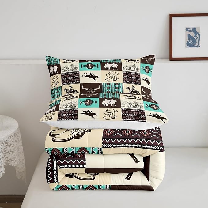 Western Cowboy Comforter Set King Size,Cow Skull Desert Cactus Bedding Set,Rustic Aztec Tribal Striped Quilt Set,Kids Teens Adult Room Decor,Brown Turquoise Geometric Plaid Duvet Insert 3Pcs