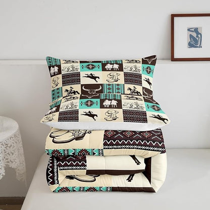 Western Cowboy Comforter Set Twin Size,Cow Skull Desert Cactus Bedding Set,Rustic Aztec Tribal Striped Quilt Set,Kids Teens Adult Room Decor,Brown Turquoise Geometric Plaid Duvet Insert 2Pcs