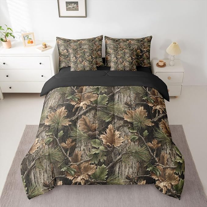 Erosebridal Camo Hunting 7 Piece Bedding Set King Rustic Camouflage Comforter Set with Sheets Woodland Cabin Tree Leaves Bed in a Bag Camping Farm House Bed Sets Comforter