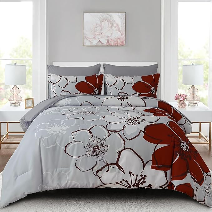 Anibedding 7Pieces Red Floral Comforter Set King Size, Soft Microfiber Red Grey Bed in a Bag Comforter Set with Sheets for All Season
