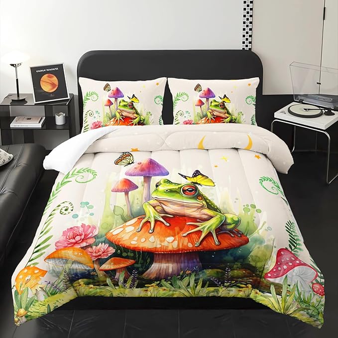 Frog Comforter Set Queen Size,Botanica Mushroom 3 Piece Bedding Set for Kids,Cartoon Comforter for Room Decor Cute Decor Beige Red Duvet Set Queen Size 3Pcs Quilt Set