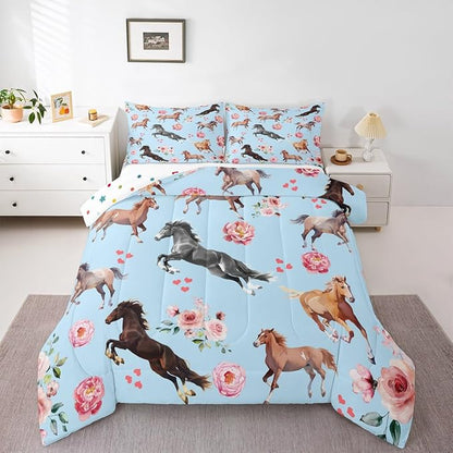 Horse Comforter Set King for Cowboy Cowgirl,Southwest Rose Petal Bedding Set for Youth Adult,Rustic Horse Quilt Set for Bedroom Decor,Vintage Farmhouse Wildlife Down Comforter with 2 Pillowcases