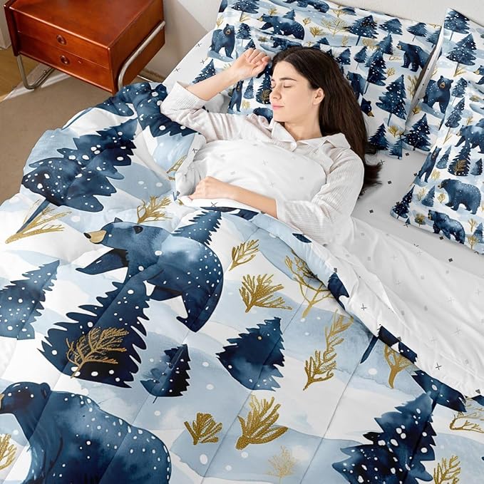 Erosebridal Rustic Bear Bed in A Bag Full | Jungle Hunting Farmhouse Wildlife 7 Piece Comforter Set Wild Animals Sheet Set Winter Snowflakes Pine Trees Fitted Sheet Breathable Lightweight