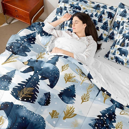 Erosebridal Rustic Bear Bed in A Bag King | Jungle Hunting Farmhouse Wildlife 7 Piece Comforter Set Wild Animals Sheet Set Winter Snowflakes Pine Trees Fitted Sheet Breathable Lightweight