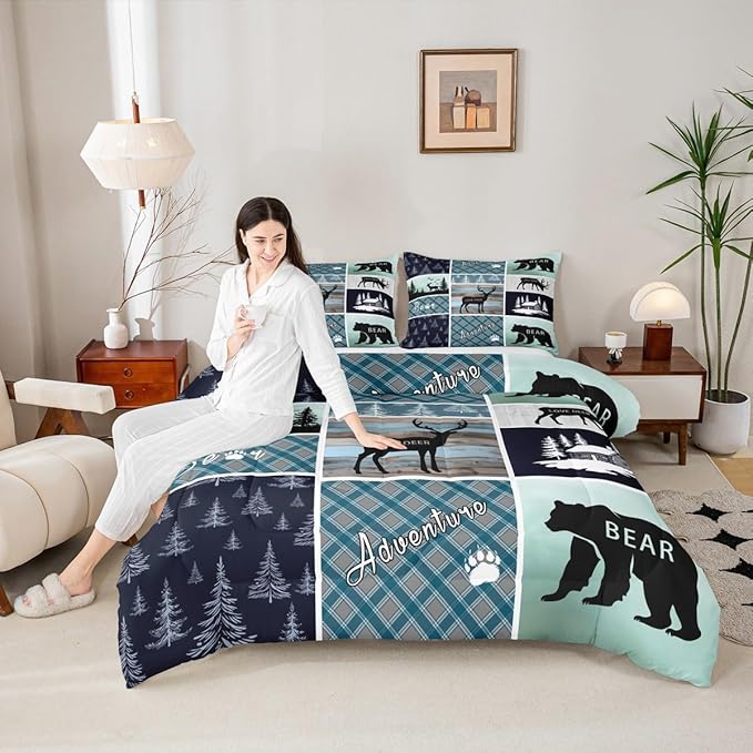 Bear Deer Comforter Set Full Size, Hunting Wild Animal Bedding Rustic Cabin Lodge Quilt Farmhouse Blue Geometric Plaids Bedding Comforter Sets For Boys Girls Mens Bedroom, Blue Rustic Gifts For Men