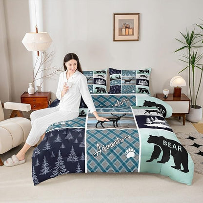 Bear Deer Comforter Set Full Size, Hunting Wild Animal Bedding Rustic Cabin Lodge Quilt Farmhouse Blue Geometric Plaids Bedding Comforter Sets For Boys Girls Mens Bedroom, Blue Rustic Gifts For Men