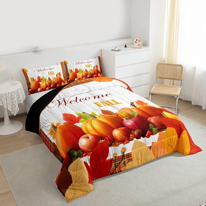 Pumpkin Comforter Set Twin Happy Fall Bedding Set Thanksgiving Day Harvest Season Comforter Gifts For Kids Teen Adults,Orange Buffalo Plaid Quilt Duvet Rustic Farmhouse Home Room Decor 1 Pillow Case
