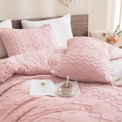 Andency Pink Tufted Comforter Set Full, 3 Pieces(1 Boho Comforter, 2 Pillowcases) Textured Farmhouse Comforter, Soft Microfiber Down Alternative Geometric Bedding Set (79x90Inch)