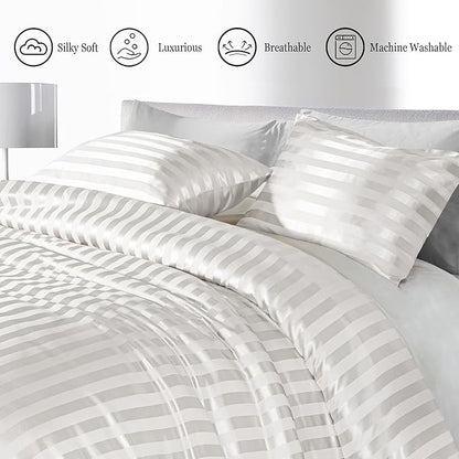 Whale Flotilla 3-Piece Reversible Silky Soft Queen Comforter Set, Luxury Stripe Satin Comforters Full Size Bedding Set with 2 Satin Pillowcases, Lightweight Duvet for All Seasons, White