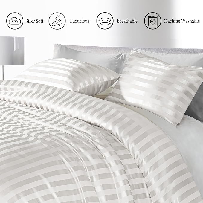 Whale Flotilla 3-Piece Reversible Silky Soft King Size Comforter Set, Luxury Stripe Satin Oversized Comforter Bedding Set with 2 Satin Pillowcases, Lightweight Duvet for All Seasons, White