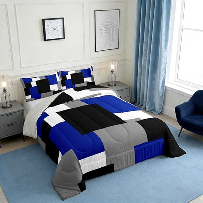 Blue Grey Black Comforter/Duvet Set,Modern Abstract Art Ultra Soft Bed Collection,Geometric Grid Square Splicing Kids Bedding for Room Decor 3 Pcs,Microfiber Breathable,King