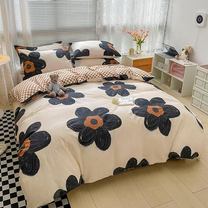 CLOTHKNOW Black Floral Queen Comforter Set Sunflower Bedding Comforter Sets Brown Plaid Comforter Soft Botanical Queen Comforter with 2 x Pillow Cases