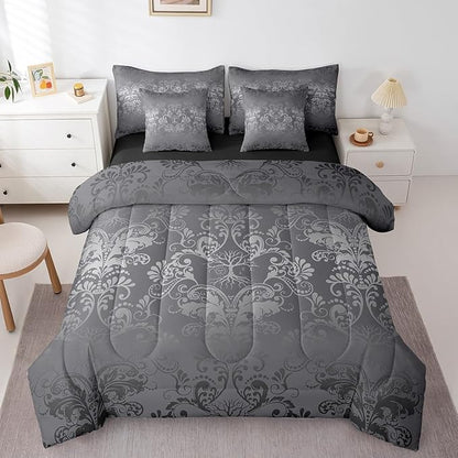 Erosebridal Gothic Damask Bed in a Bag King Size Comforter Set 7 Pieces,Sun Moon Tree of Life Bedding Sets Silver Gray Victorian Floral Goth Sheet Set with Comforter