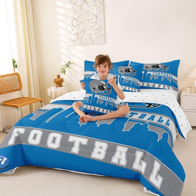 Erosebridal Football City 7 Pcs Comforter Set Full Football Bedding for Boys Girls Blue Grey Rugby Game Sheet Set Bed in A Bag Football Fans Bedroom Decor Sports Ball Team Bed Set