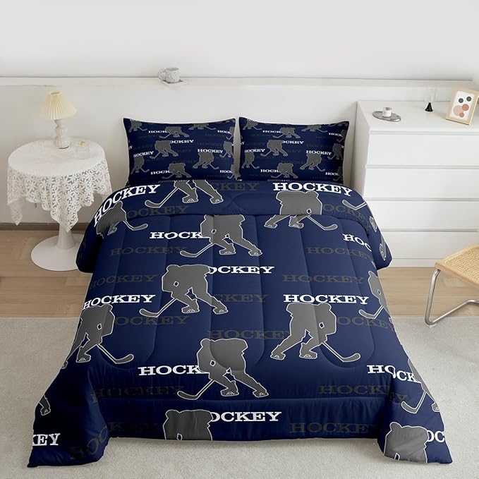 Hockey Players Kids Bedding Set King Size, Comforter Set,Competitive Games Teamwork Quilt Comforter,Dark Blue Gray Bedroom Duvet Insert,2 Pillowcases