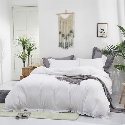 Cottonight White Comforter Set Full Ruffles White Bedding Set Farmhouser Boho Blanket Quilt Plain Vintage Friange Soft Breathable Comforter Set