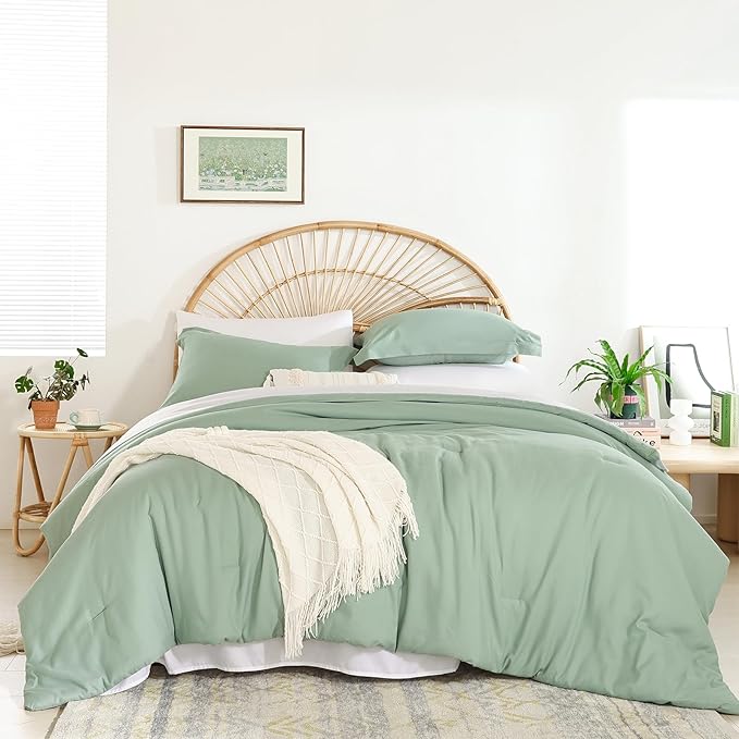 weigelia Bedding Set - 7pcs Sage Green Comforter Set for Queen Bed with Microfiber Sheets, Pillow Shams and Pillowcases - All Season Boho Style